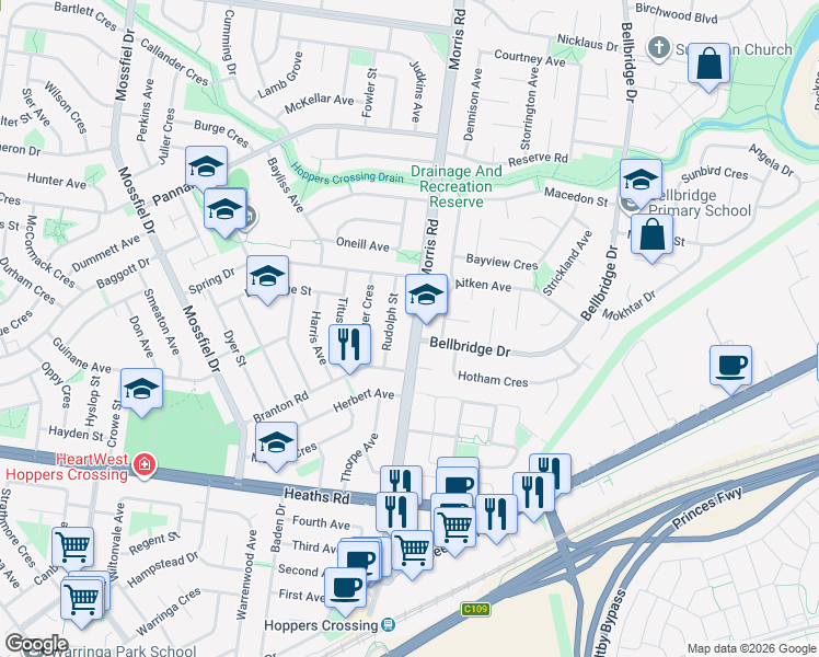 map of restaurants, bars, coffee shops, grocery stores, and more near 129 Morris Road in Hoppers Crossing