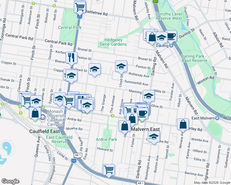 map of restaurants, bars, coffee shops, grocery stores, and more near 25 The Avenue in Malvern East