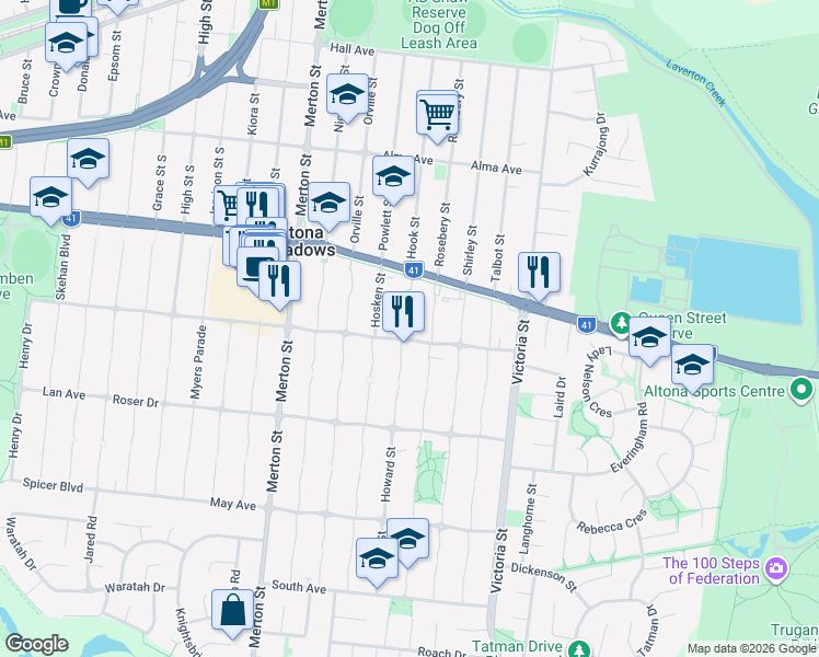 map of restaurants, bars, coffee shops, grocery stores, and more near 23 Harrison Court in Altona Meadows