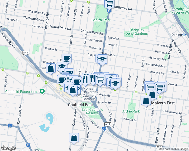 map of restaurants, bars, coffee shops, grocery stores, and more near 12 Douglas Street in Malvern East