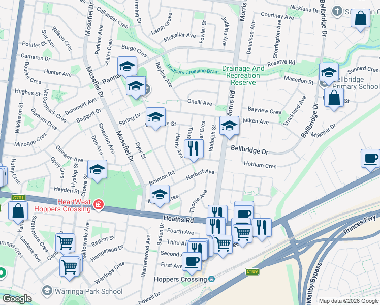 map of restaurants, bars, coffee shops, grocery stores, and more near 30 Titus Avenue in Hoppers Crossing