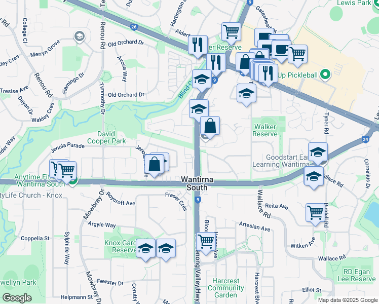map of restaurants, bars, coffee shops, grocery stores, and more near 436 Stud Road in Wantirna South