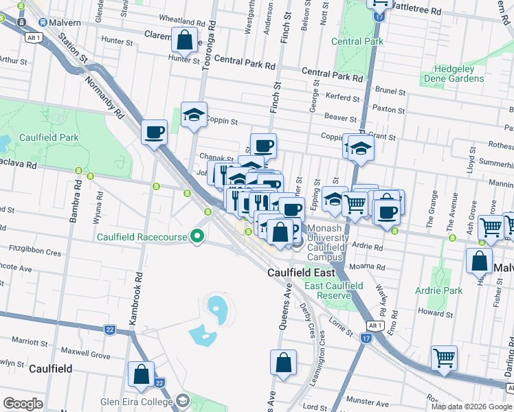 map of restaurants, bars, coffee shops, grocery stores, and more near 1a Finch Street in Malvern East