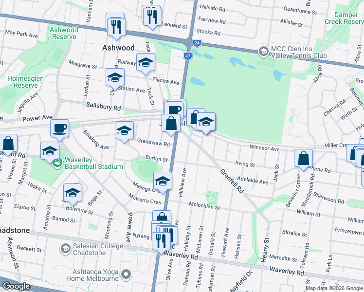 map of restaurants, bars, coffee shops, grocery stores, and more near 300 Huntingdale Road in Mount Waverley