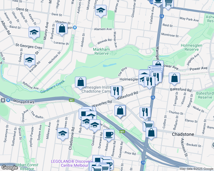 map of restaurants, bars, coffee shops, grocery stores, and more near Ambrose Avenue in Malvern East