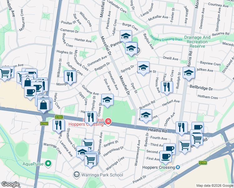 map of restaurants, bars, coffee shops, grocery stores, and more near 8 Guinane Avenue in Hoppers Crossing