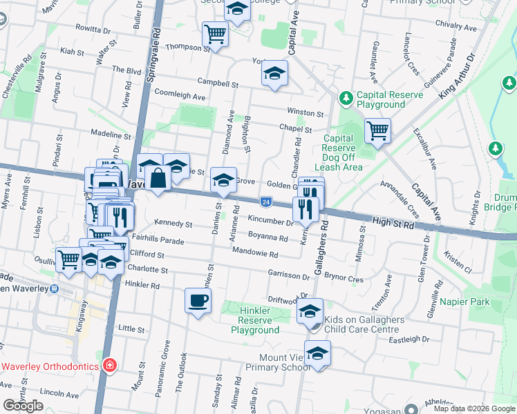 map of restaurants, bars, coffee shops, grocery stores, and more near 850 High Street Road in Glen Waverley