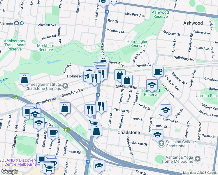 map of restaurants, bars, coffee shops, grocery stores, and more near 70 Batesford Road in Chadstone