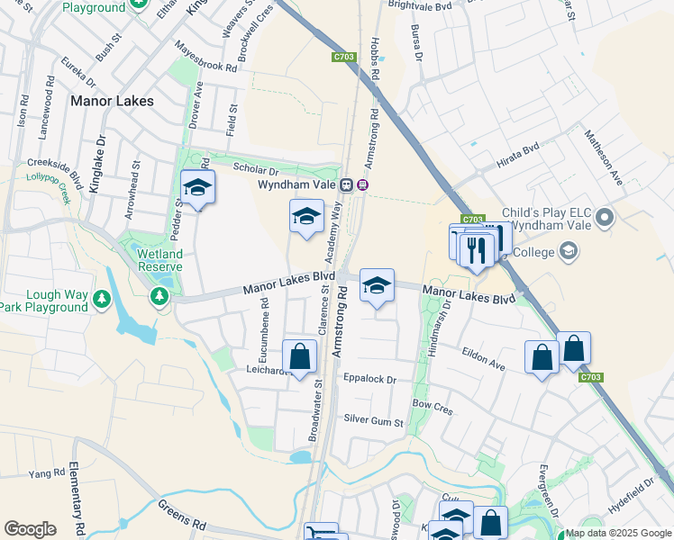 map of restaurants, bars, coffee shops, grocery stores, and more near 615 Armstrong Road in Wyndham Vale