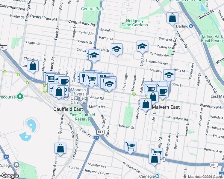 map of restaurants, bars, coffee shops, grocery stores, and more near 197 Waverley Road in Malvern East