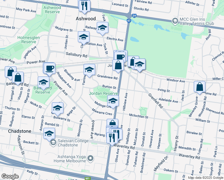 map of restaurants, bars, coffee shops, grocery stores, and more near 36 Burton Street in Chadstone