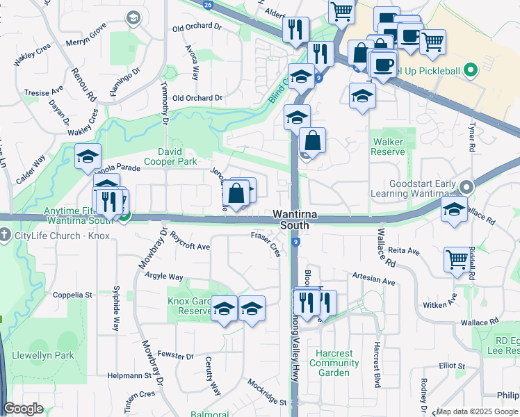 map of restaurants, bars, coffee shops, grocery stores, and more near 1399 High Street Road in Wantirna South