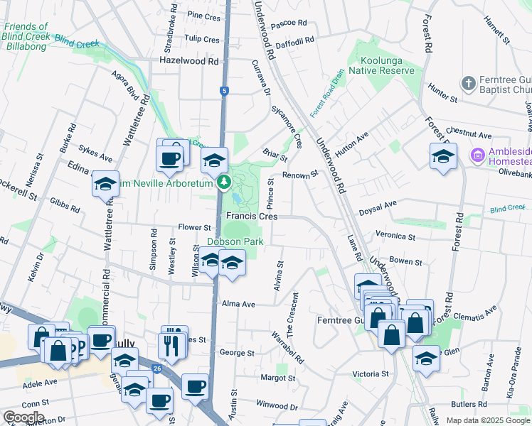 map of restaurants, bars, coffee shops, grocery stores, and more near 70 Francis Crescent in Ferntree Gully