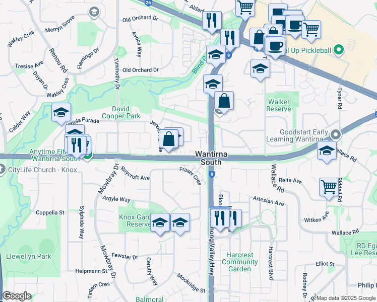 map of restaurants, bars, coffee shops, grocery stores, and more near 1401 High Street Road in Wantirna South