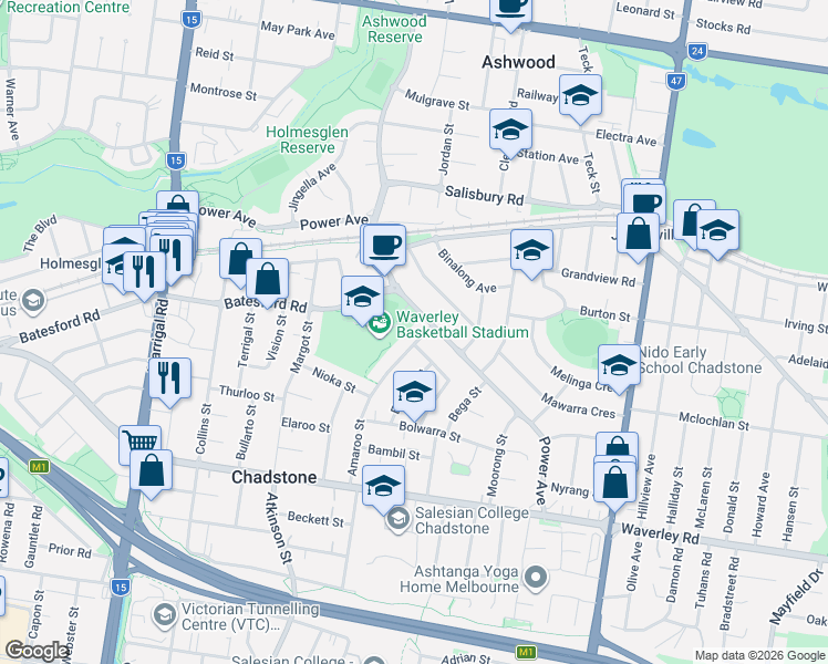 map of restaurants, bars, coffee shops, grocery stores, and more near 7 Amaroo Street in Chadstone