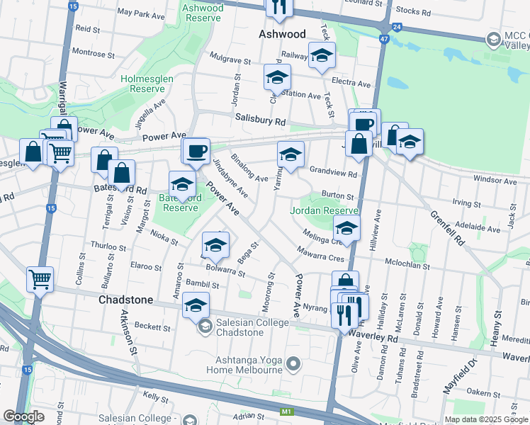 map of restaurants, bars, coffee shops, grocery stores, and more near 27 Yarrinup Avenue in Chadstone