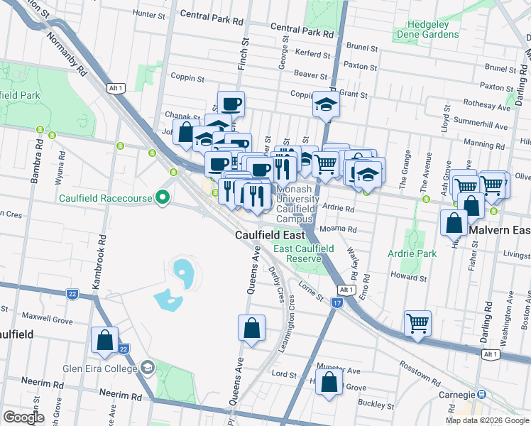 map of restaurants, bars, coffee shops, grocery stores, and more near 900 Dandenong Road in Caulfield East