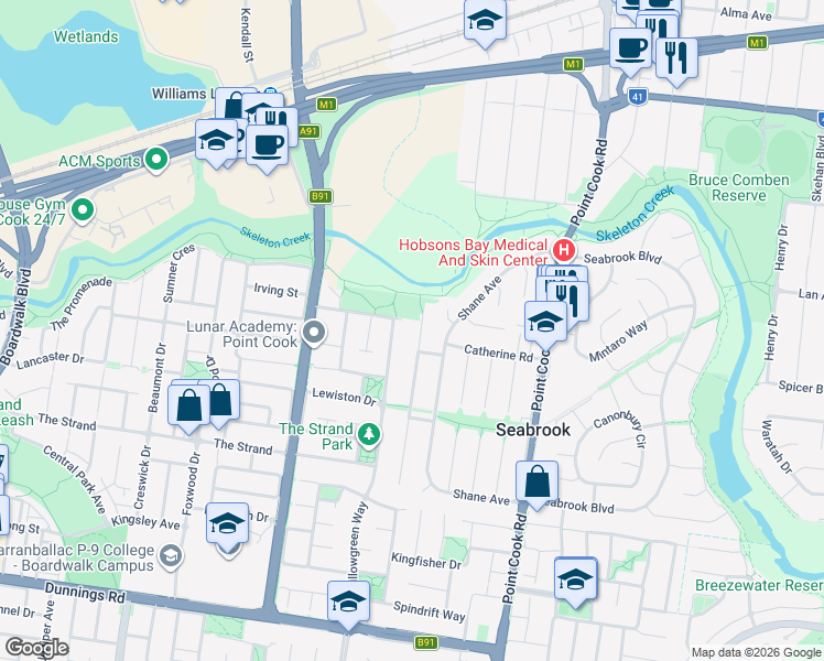 map of restaurants, bars, coffee shops, grocery stores, and more near 12 St Anthony Court in Seabrook