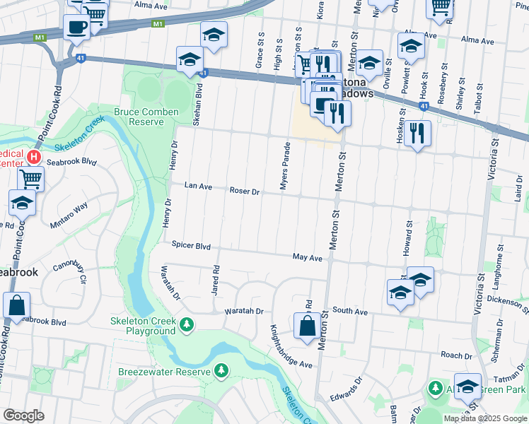 map of restaurants, bars, coffee shops, grocery stores, and more near 9 Gibson Court in Altona Meadows