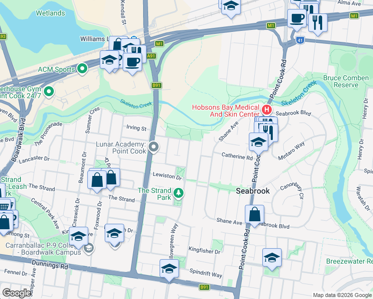 map of restaurants, bars, coffee shops, grocery stores, and more near 83 Willowgreen Way in Point Cook