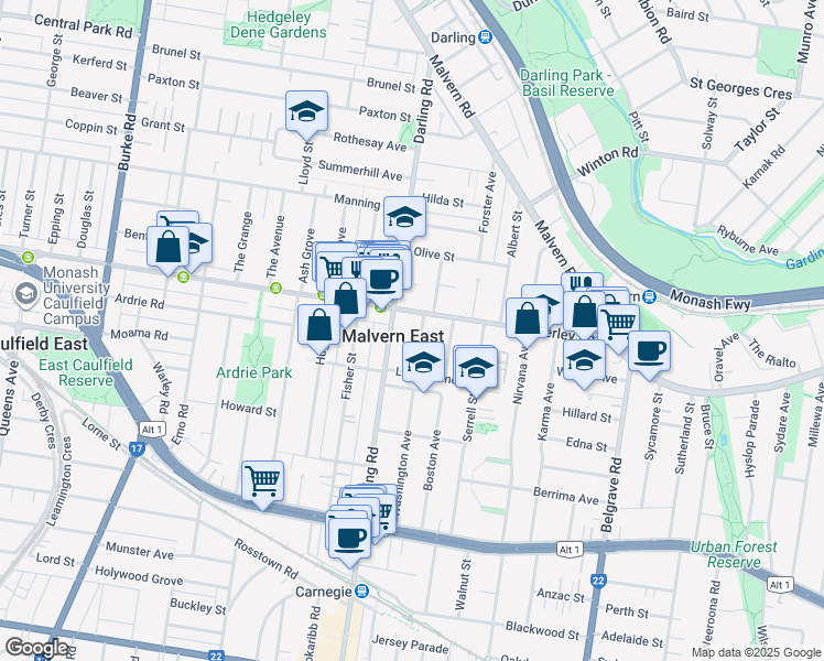 map of restaurants, bars, coffee shops, grocery stores, and more near 1a Finch Street in Malvern East