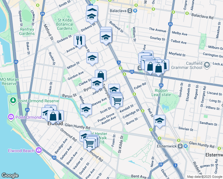 map of restaurants, bars, coffee shops, grocery stores, and more near 27 Moore Street in Elwood