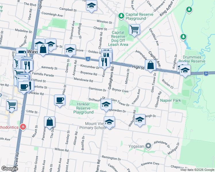 map of restaurants, bars, coffee shops, grocery stores, and more near 229 Gallaghers Road in Glen Waverley