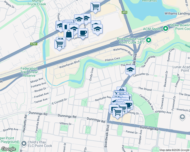 map of restaurants, bars, coffee shops, grocery stores, and more near 6 Buckley Street in Point Cook