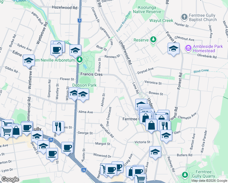 map of restaurants, bars, coffee shops, grocery stores, and more near 7 Hillcrest Avenue in Ferntree Gully