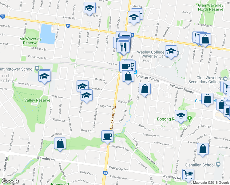 map of restaurants, bars, coffee shops, grocery stores, and more near 283 Blackburn Road in Mount Waverley