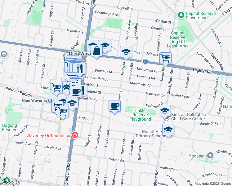 map of restaurants, bars, coffee shops, grocery stores, and more near 37 Charlotte Street in Glen Waverley