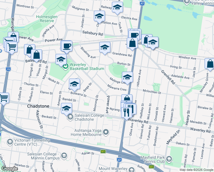 map of restaurants, bars, coffee shops, grocery stores, and more near 11 Coolac Street in Chadstone