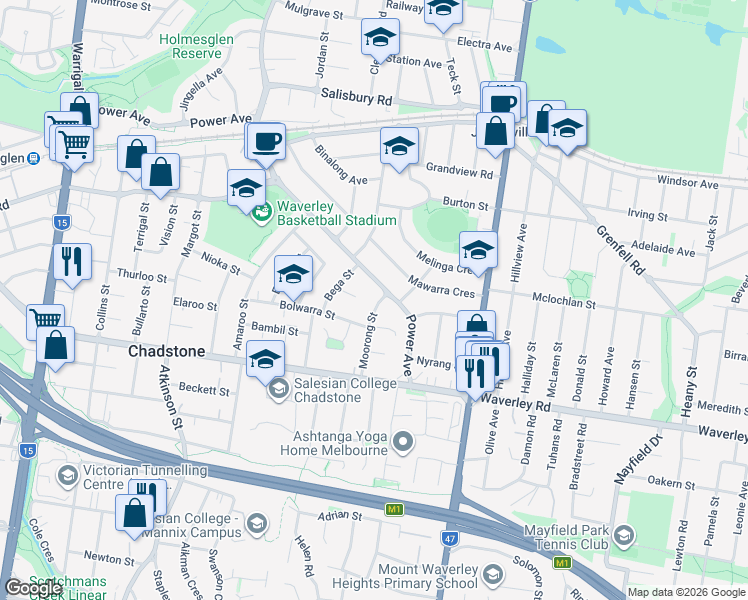 map of restaurants, bars, coffee shops, grocery stores, and more near 1 Moorong Street in Chadstone