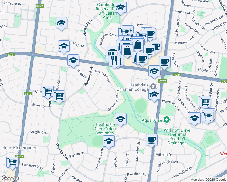 map of restaurants, bars, coffee shops, grocery stores, and more near 36 Silvereye Crescent in Werribee