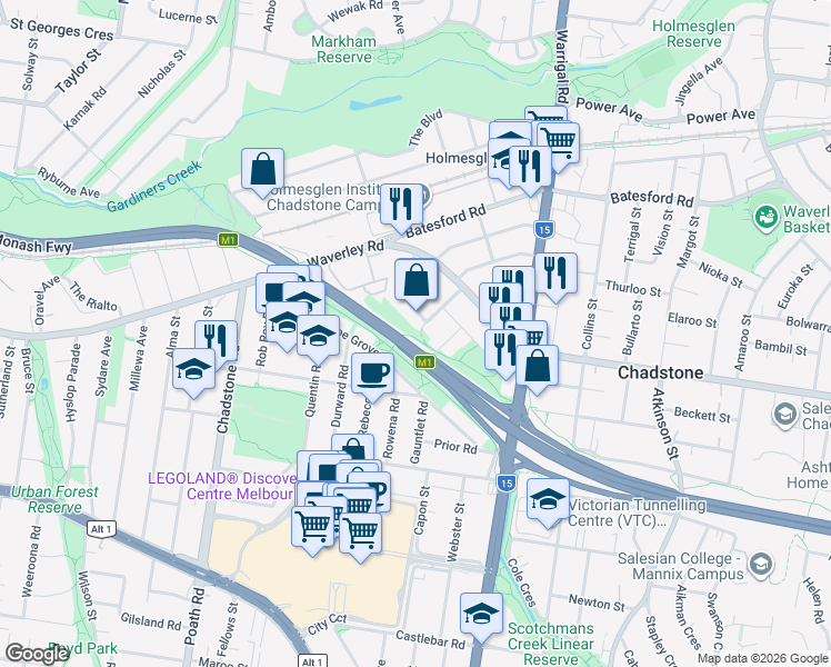 map of restaurants, bars, coffee shops, grocery stores, and more near 16 Peverill Street in Malvern East