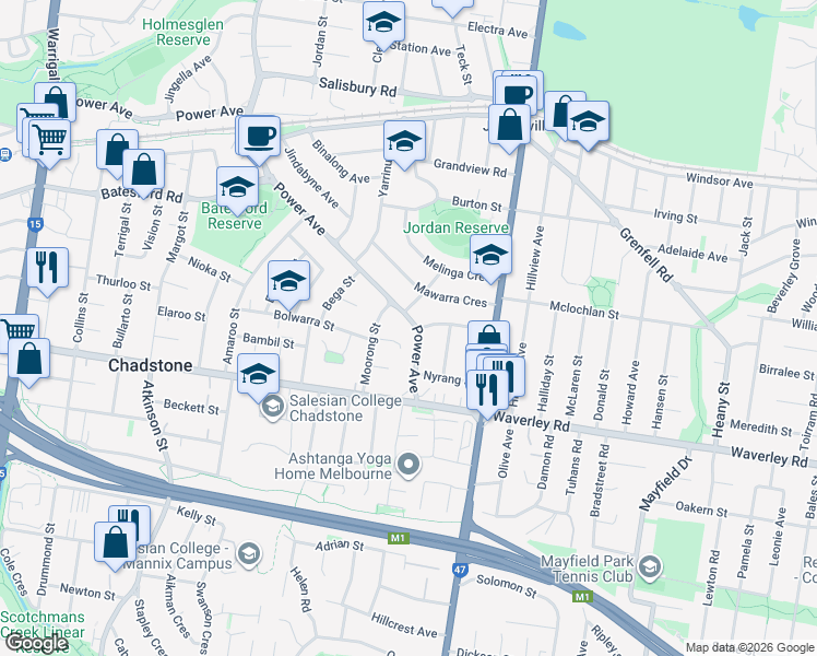 map of restaurants, bars, coffee shops, grocery stores, and more near 160 Power Avenue in Chadstone