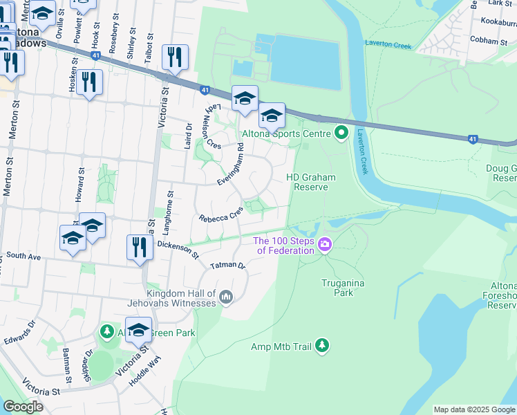 map of restaurants, bars, coffee shops, grocery stores, and more near in Altona Meadows