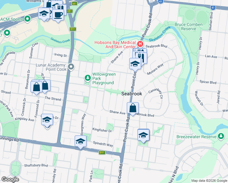 map of restaurants, bars, coffee shops, grocery stores, and more near 112 Point Cook Road in Seabrook
