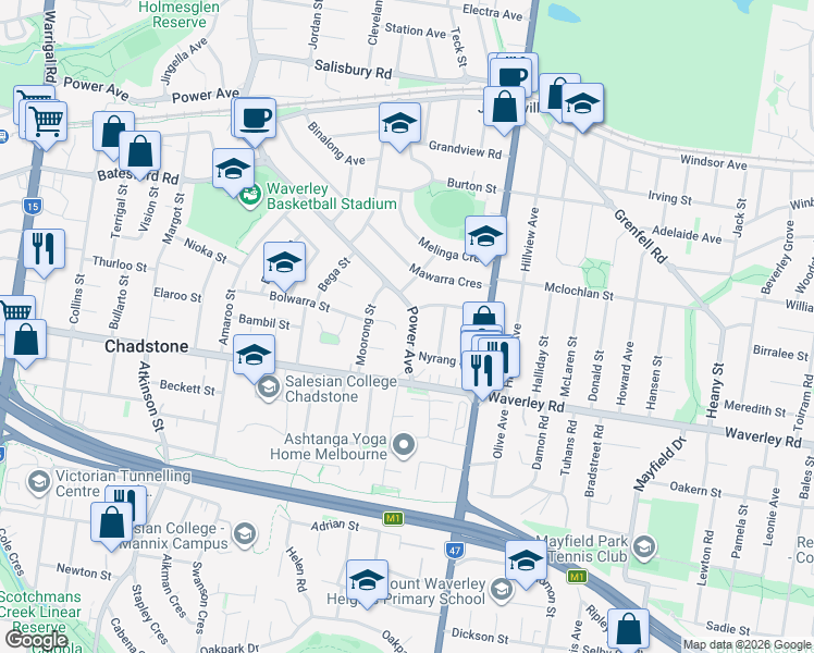 map of restaurants, bars, coffee shops, grocery stores, and more near 168 Power Avenue in Chadstone