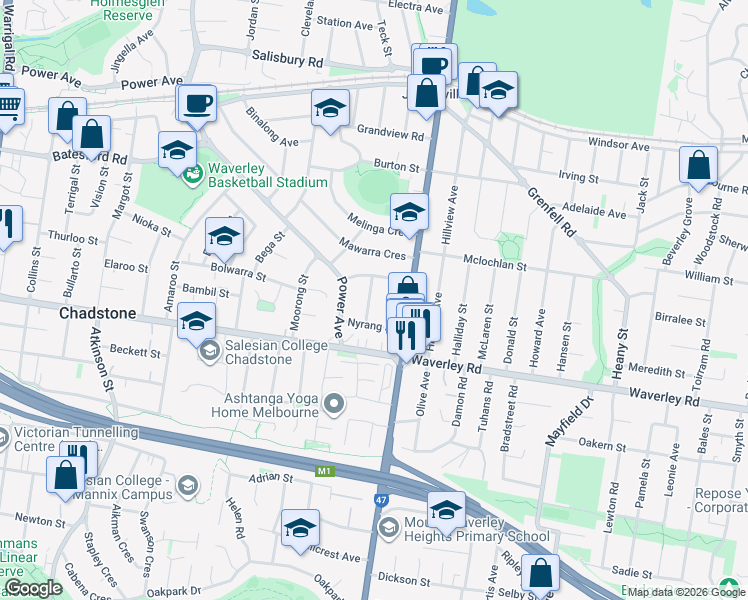 map of restaurants, bars, coffee shops, grocery stores, and more near 8 Attunga Street in Chadstone