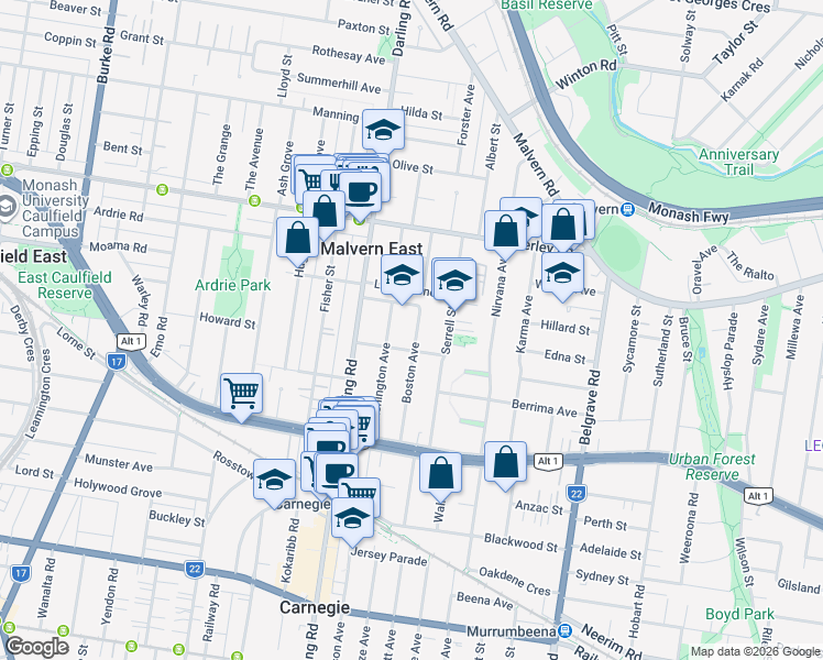 map of restaurants, bars, coffee shops, grocery stores, and more near 41 Boston Avenue in Malvern East