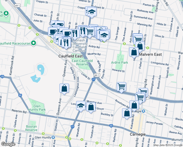 map of restaurants, bars, coffee shops, grocery stores, and more near 956 Dandenong Road in Caulfield East