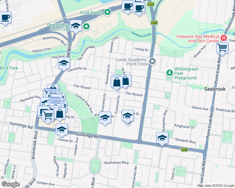 map of restaurants, bars, coffee shops, grocery stores, and more near 78 The Strand in Point Cook