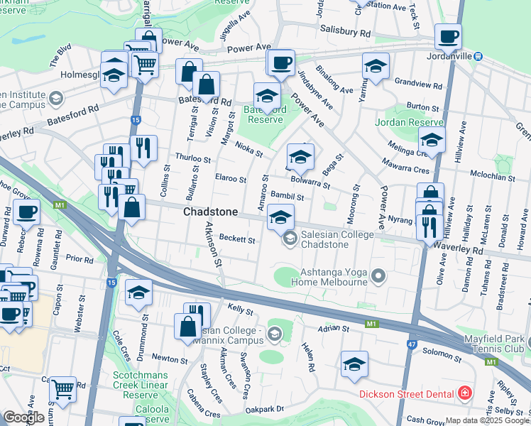 map of restaurants, bars, coffee shops, grocery stores, and more near 93 Waverley Road in Chadstone