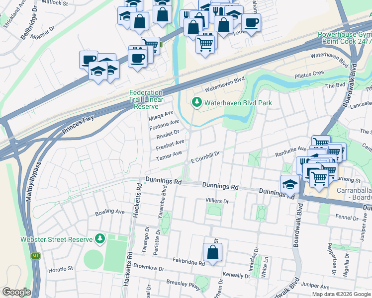 map of restaurants, bars, coffee shops, grocery stores, and more near 2 Tamar Avenue in Point Cook
