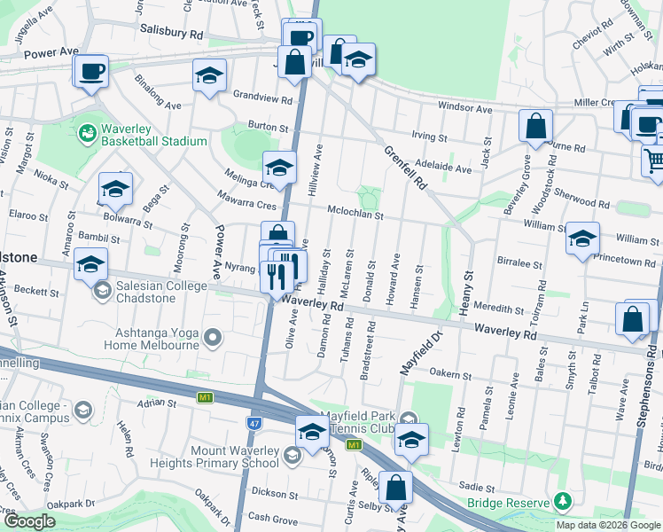 map of restaurants, bars, coffee shops, grocery stores, and more near 28 Halliday Street in Mount Waverley