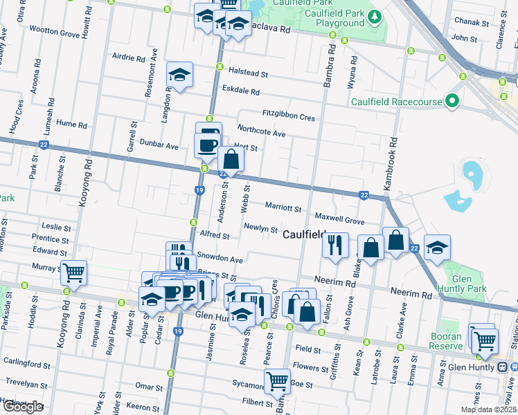 map of restaurants, bars, coffee shops, grocery stores, and more near 31 Marriott Street in Caulfield