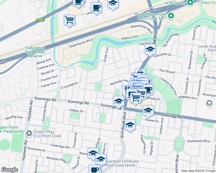 map of restaurants, bars, coffee shops, grocery stores, and more near 23 Ranfurlie Avenue in Point Cook