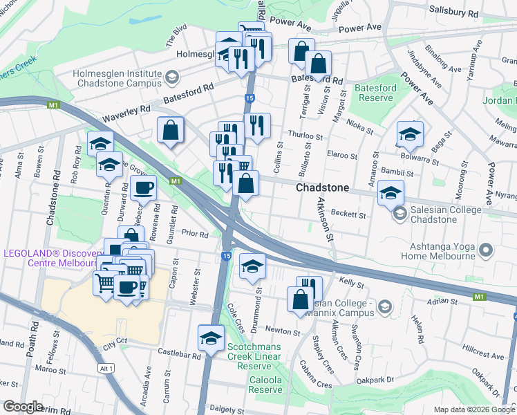 map of restaurants, bars, coffee shops, grocery stores, and more near 11 Westbrook Street in Chadstone