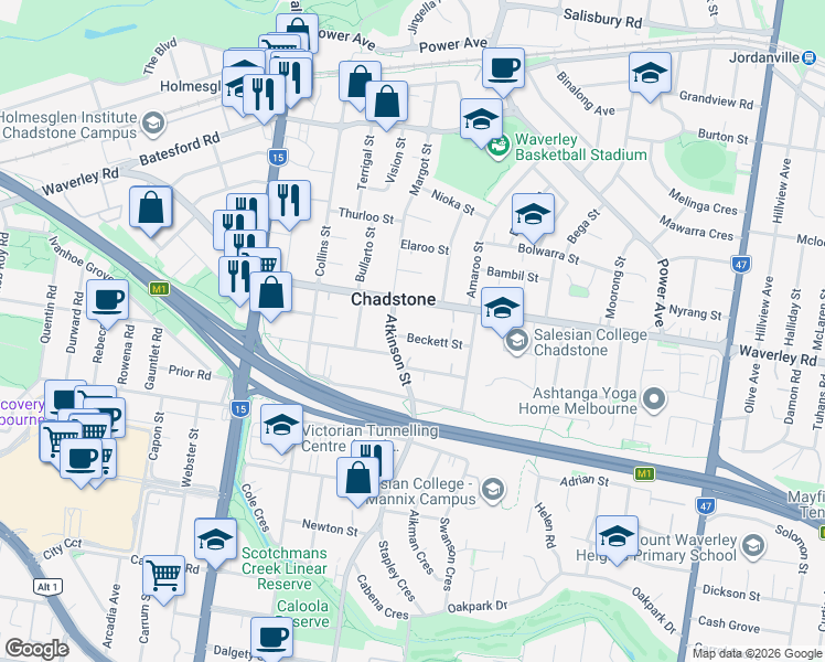 map of restaurants, bars, coffee shops, grocery stores, and more near 5 Beckett Street in Chadstone
